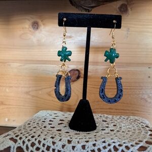 Green and Gold Horseshoe Earrings Shamrocks St Patricks Day